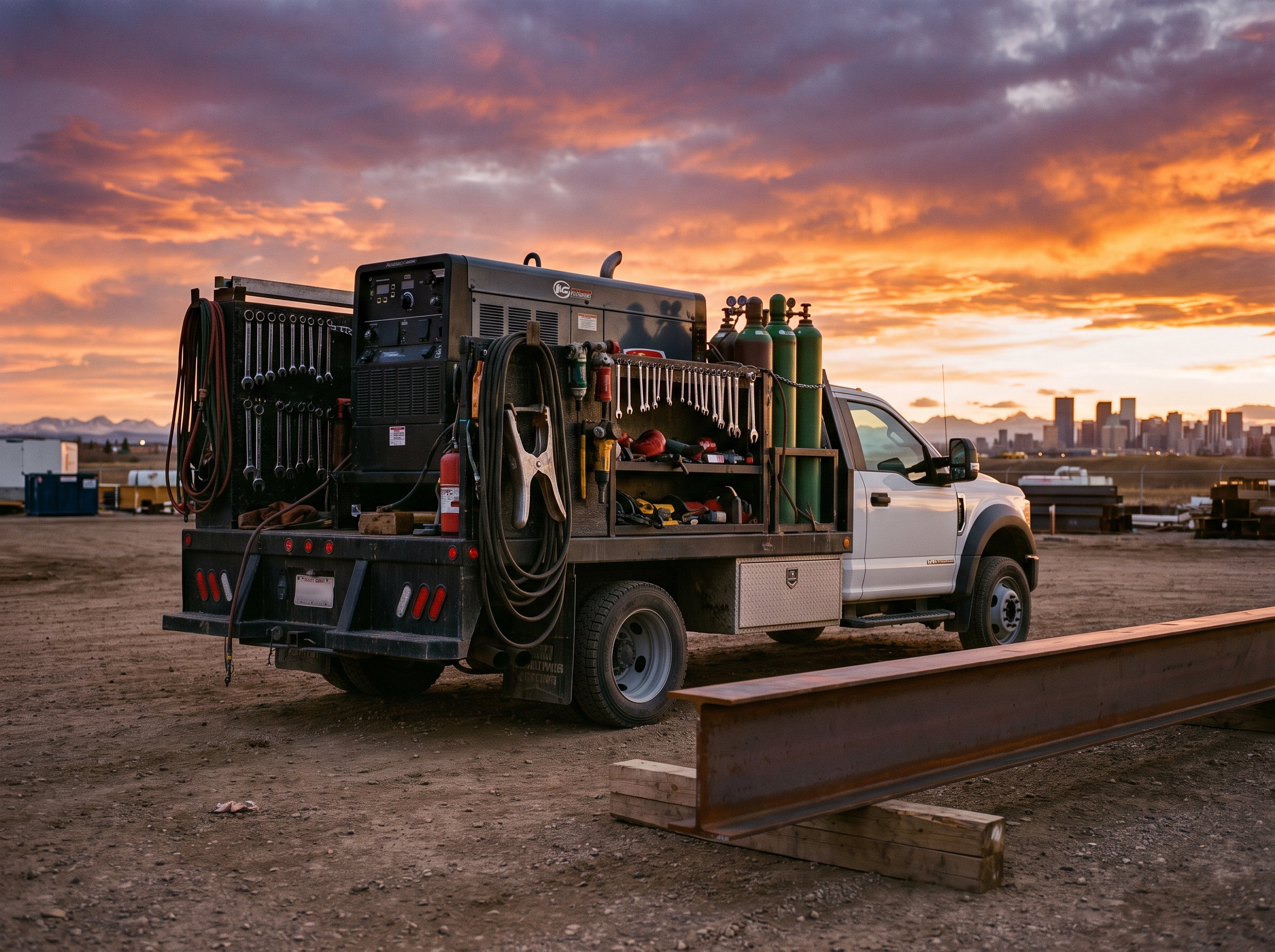 Fully equipped mobile welding truck with Dakota's rig on a Calgary industrial site
